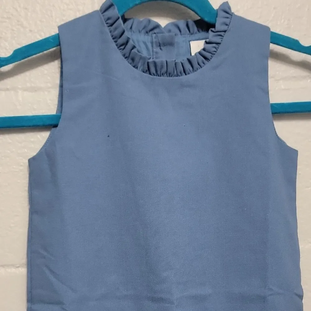 Blue Linen Blend Ruffle Neck Pocket Casual Girls Dress By Southern Smocked Co